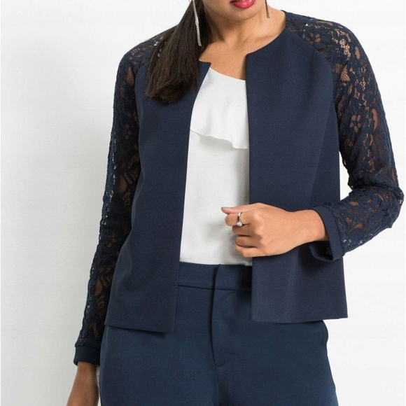 Navy Blue Lace Sleeve Blazer Romantic Officewear Feminine Chic Sz 44 EU/US L - Picture 1 of 10